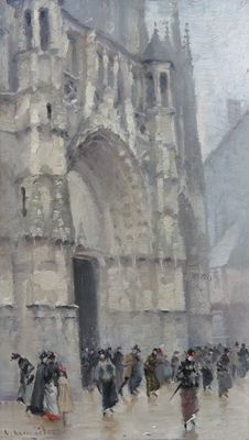 tableau représentant un groupe de personnes marchant devant un grand bâtiment