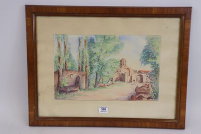 framed watercolor painting of a country road with a church in the background