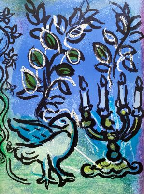 une image représentant un tableau sur lequel figurent un oiseau et un candélabre
