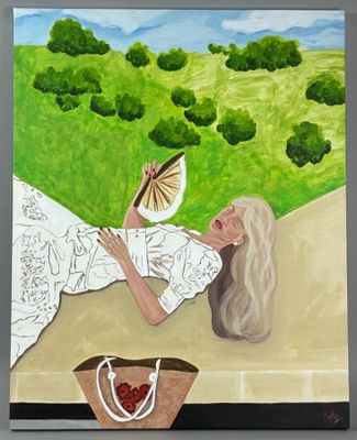 painting of a woman laying on the ground holding a fan
