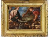an oil painting of a painting of a man and a woman with animals