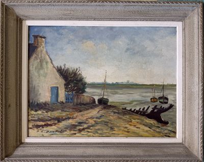 a picture of a painting of a house by the water