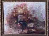 an oil painting of a man sitting on a bench with a bunch of books