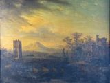 an old painting of a castle with a mountain in the background