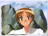 an anime picture of a woman with a hat on and a mountain in the background