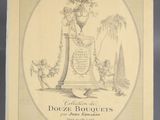 an old drawing of a vase with flowers in it on a table