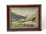 une peinture à l'huile d'un paysage avec des montagnes en arrière-plan