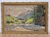 an oil painting of a mountain scene with a stream in the foreground