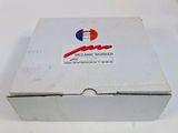 a white box with a red, white and blue logo on it