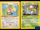 two pokemon cards of different colors and sizes are on a black background