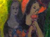 une peinture à l'huile représentant une femme au chapeau rouge et une femme en robe noire