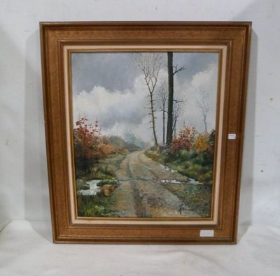 framed oil painting of a country road with trees and water