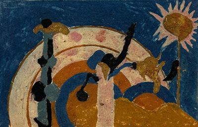a painting of a group of people on a blue and yellow background