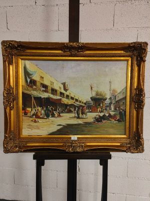 tableau représentant une scène de rue avec des personnages et des bâtiments en arrière-plan