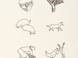 drawings of animals and birds on a white paper with a tree in the background