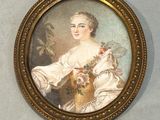 tableau représentant une femme en robe blanche tenant un panier de fleurs