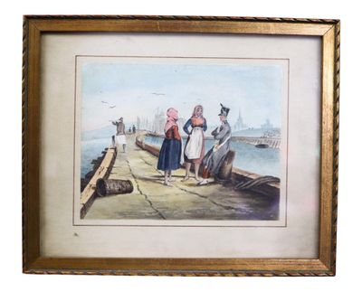 framed watercolor painting of people on a pier by the water