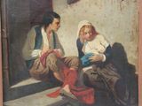 a painting of a man and a woman sitting on the steps