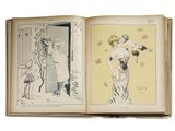 an open book with a drawing of a woman in a dress and a drawing of a woman in a dress