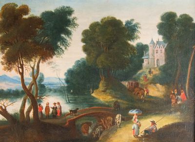 un tableau représentant un tableau où figurent des personnes et des animaux au bord d'une rivière