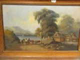 an image of a painting of a village scene with horses and people