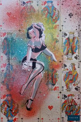 an image of a painting of a woman in a bikini top and playing cards