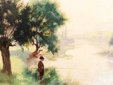 a painting of a man fishing in a river