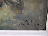 a painting of a dog that is sitting in a window sill
