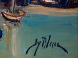 a painting of a sailboat on the water with a boat in the background