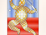 a drawing of a man running with a tennis racket in his hand
