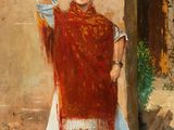 an image of a painting of a woman in a red shawl