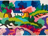 une image représentant un tableau où l'on voit des personnes dans un champ parsemé d'arbres