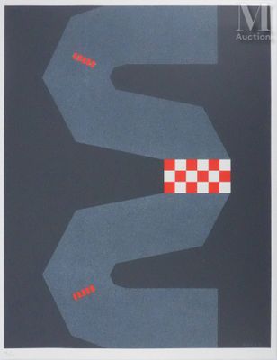 une image représentant une affiche en noir et blanc avec un motif à carreaux rouges et blancs
