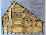 drawing of a plan of a building with a clock on the front