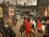 a painting of people riding horses in a town square