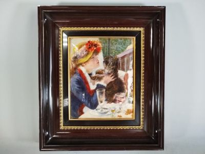 painting of a woman with a cat on a wall