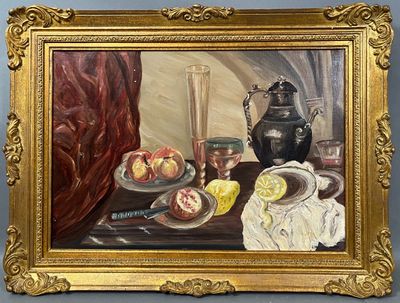 une peinture à l'huile représentant une nature morte composée de fruits et d'une théière posés sur une table