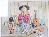 a painting of a woman sitting on the floor next to a guitar