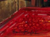 a painting of a red car parked in front of a building