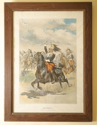 painting of a man riding a horse with a sword in his hand