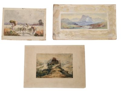trois aquarelles représentant des chevaux et un homme à cheval