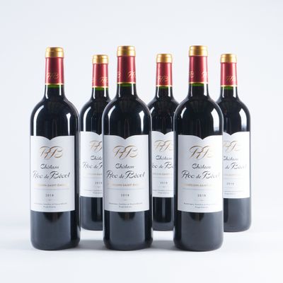 six bouteilles de vin rouge alignées sur une surface blanche