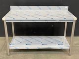 an image of a stainless steel work table with a plastic shelf