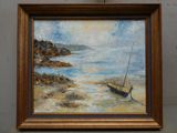 une peinture d'un bateau sur la plage au bord de l'eau