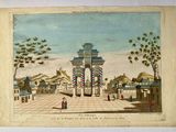 an old drawing of a gate with people walking around it