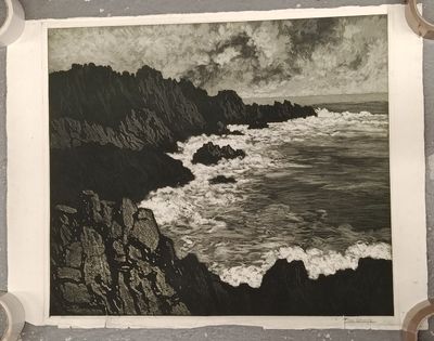 une photo en noir et blanc d'une plage rocheuse