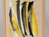 an image of a painting on a wooden easel with a painting of yellow and black stripes