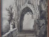 an old picture of a painting of a doorway in a stone wall