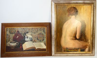 painting of a nude woman sitting on a stool next to a painting of a vase
