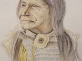 an old drawing of a native man with long hair and a feather